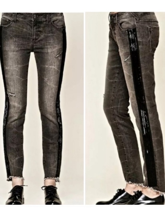 Free People Denim - FREE PEOPLE‎ Summer Solstice Tuxedo Distressed Washed Black Beaded Jeans 29